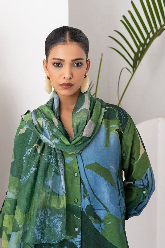Green & Blue Viscose Dupion Printed Dress