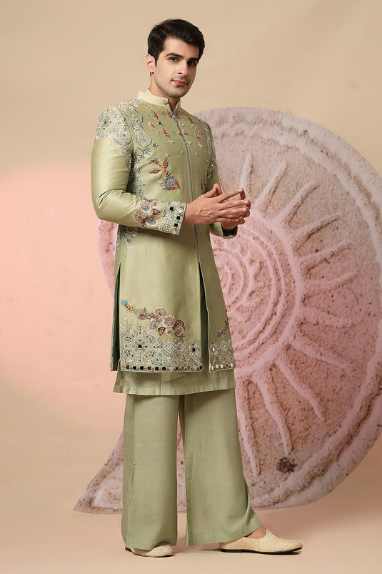 Green Embroidered Kurta with Jacket and Palazzo Pant