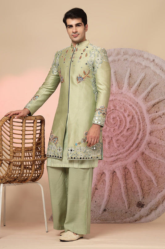 Green Embroidered Kurta with Jacket and Palazzo Pant