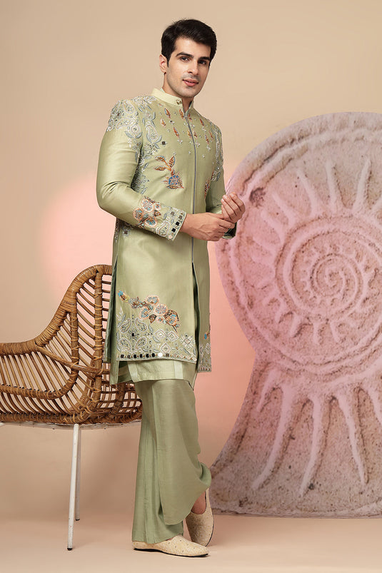Green Embroidered Kurta with Jacket and Palazzo Pant