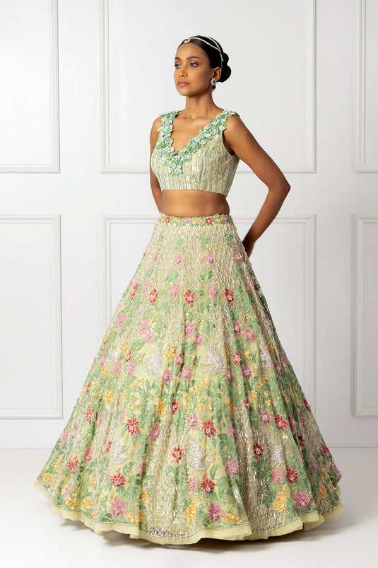 Green floral 3D lehenga set