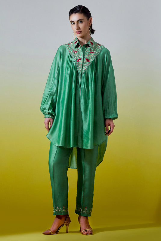 Green Shirt with pintucks and pant