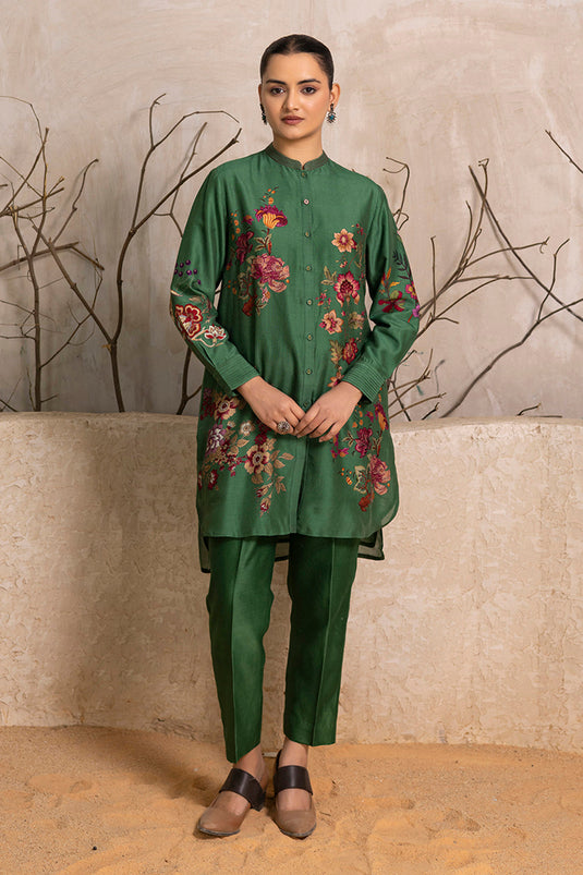 Green Silk Chanderi Floral Printed Shirt Style Tunic