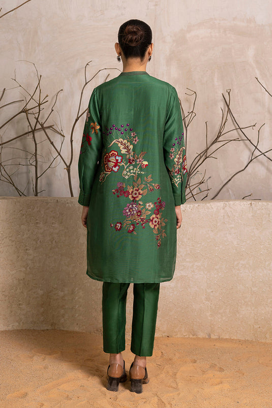 Green Silk Chanderi Floral Printed Shirt Style Tunic