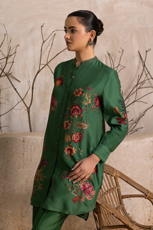 Green Silk Chanderi Floral Printed Shirt Style Tunic