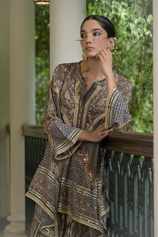 Grey Brown Crepe Draped Kurta With Printed Patiala Pants Detailing