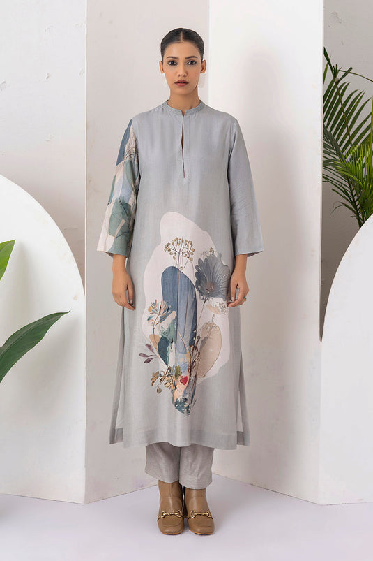 Grey Viscose Dupion Printed Tunic