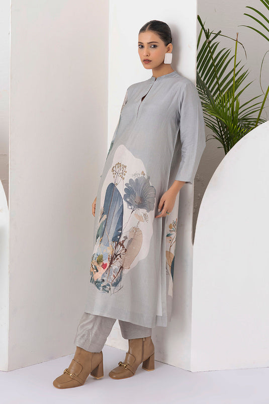Grey Viscose Dupion Printed Tunic