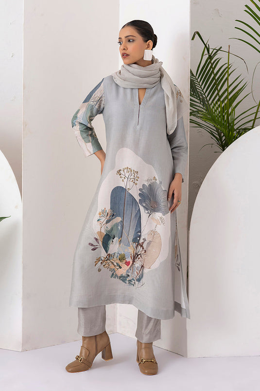 Grey Viscose Dupion Printed Tunic