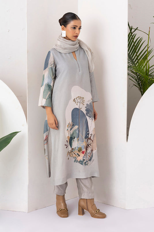 Grey Viscose Dupion Printed Tunic