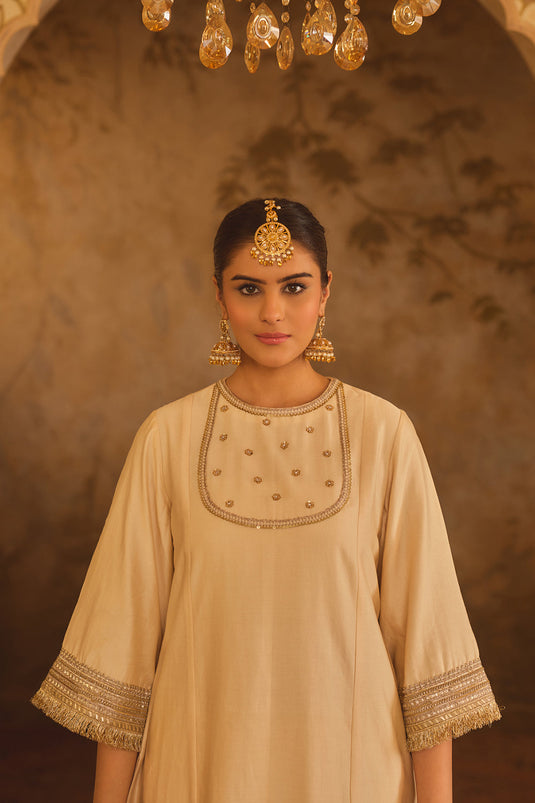Gulbano Cream Zero-Neck A-Line Kurta Set