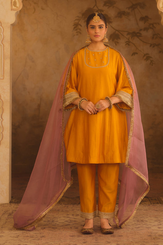 Gulbano Mustard Zero-Neck A-Line Kurta Set