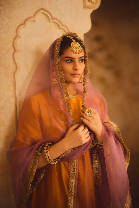 Gulbano Mustard Zero-Neck A-Line Kurta Set