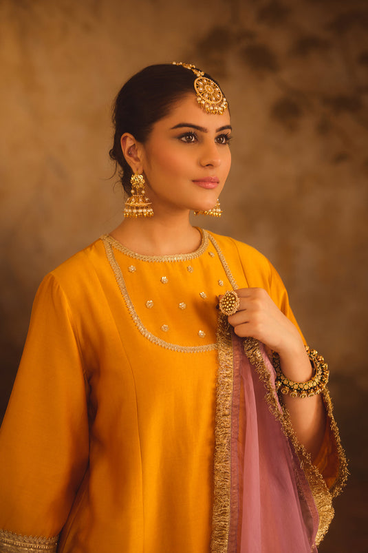Gulbano Mustard Zero-Neck A-Line Kurta Set