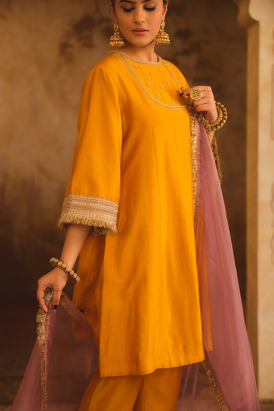 Gulbano Mustard Zero-Neck A-Line Kurta Set