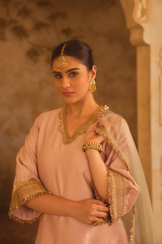 Gulbano Pink V-Neck A-Line Kurta Set