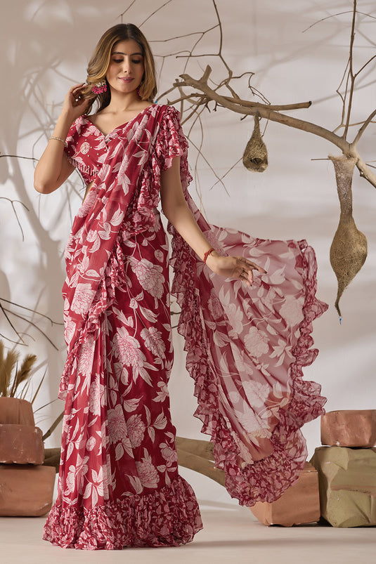 Gulmarg Rosé Ruffle Printed Saree Set