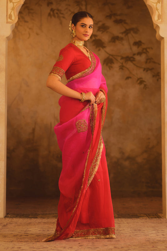 Hooe-E-Mahal Red & Pink Ombre Organza Saree