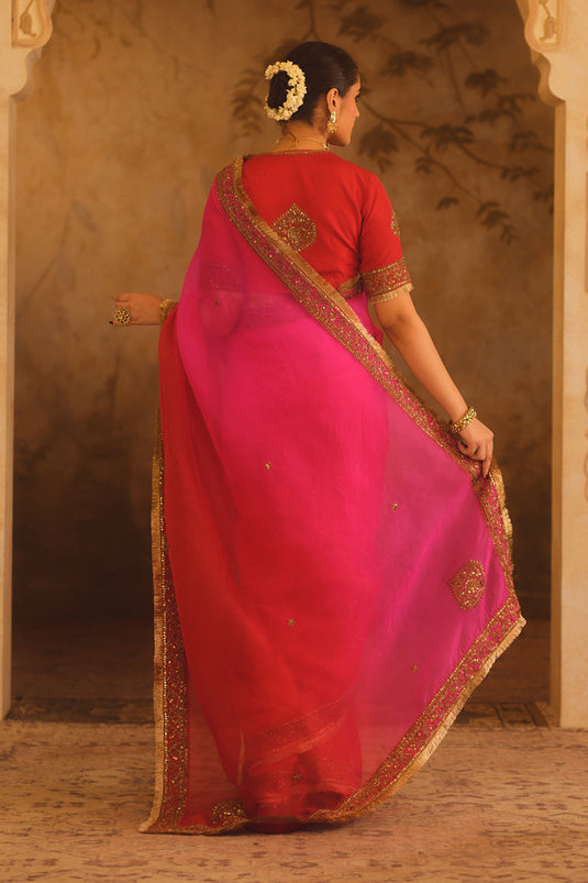 Hooe-E-Mahal Red & Pink Ombre Organza Saree