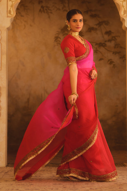 Hooe-E-Mahal Red & Pink Ombre Organza Saree