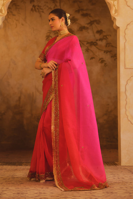 Hooe-E-Mahal Red & Pink Ombre Organza Saree