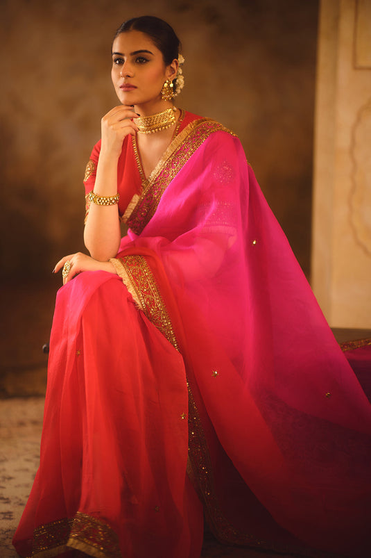 Hooe-E-Mahal Red & Pink Ombre Organza Saree