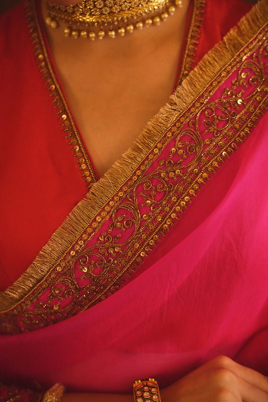 Hooe-E-Mahal Red & Pink Ombre Organza Saree