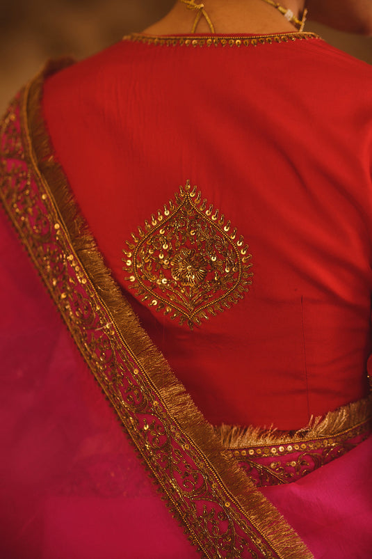Hooe-E-Mahal Red & Pink Ombre Organza Saree