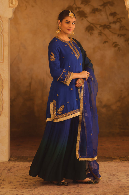 Hoor-E-Mahal Blue & Green Ombre Kurta Sharara Set