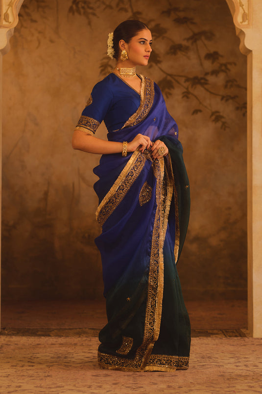 Hoor-E-Mahal Blue & Green Ombre Organza Saree
