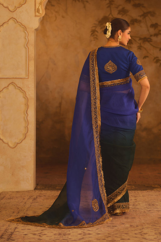 Hoor-E-Mahal Blue & Green Ombre Organza Saree