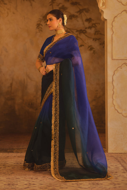 Hoor-E-Mahal Blue & Green Ombre Organza Saree
