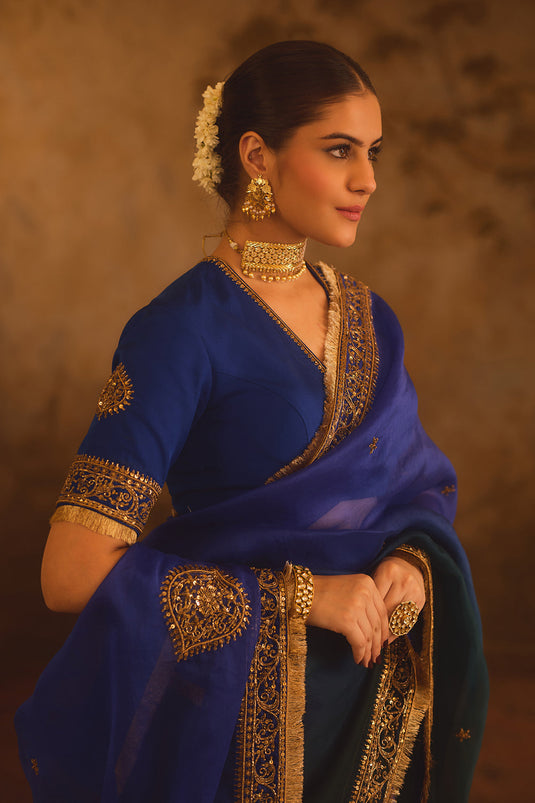 Hoor-E-Mahal Blue & Green Ombre Organza Saree