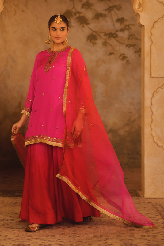Hoor-E-Mahal Pink & Red Ombre Kurta Sharara Set