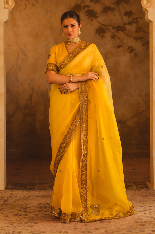 Hoor-E-Mahal Yellow Ombre Organza Saree