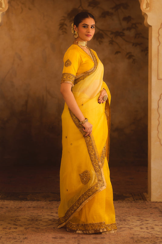 Hoor-E-Mahal Yellow Ombre Organza Saree