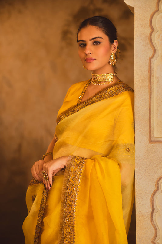 Hoor-E-Mahal Yellow Ombre Organza Saree
