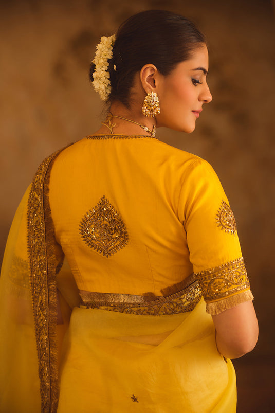Hoor-E-Mahal Yellow Ombre Organza Saree