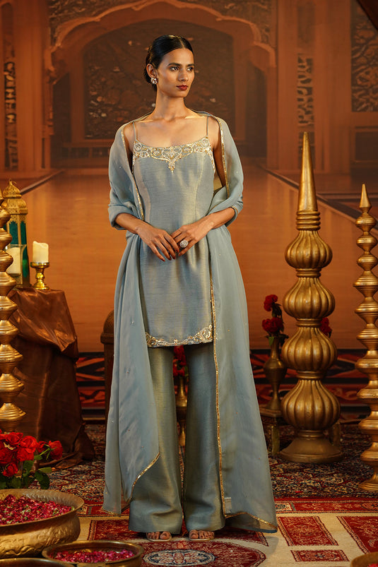 Ice Blue Kasab Silk Spaghetti Kurti Set