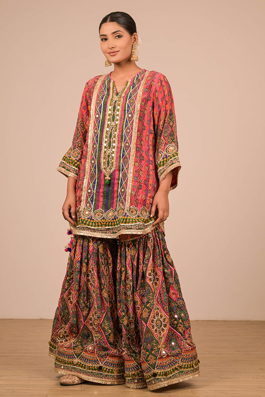 Magenta Crepe Sharara Set with Canvas Tote Bag with Vibrant Print Motifs