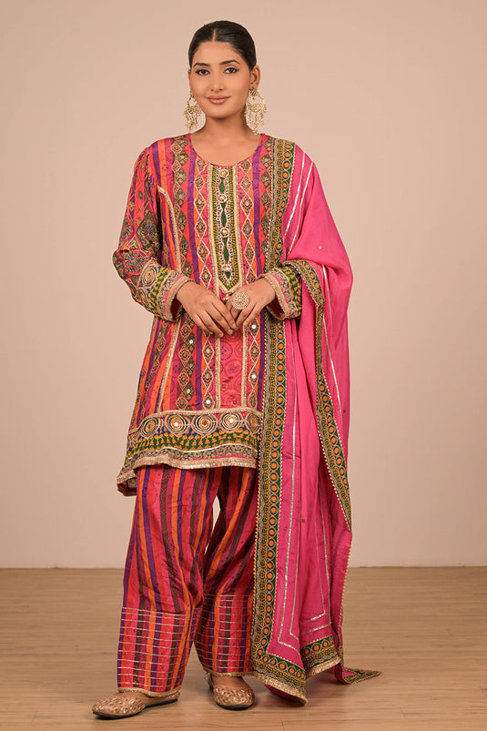 Magenta Crepe Suit Set with Farsi Salwar with Canvas Tote Bag