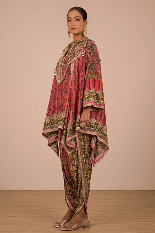 Magenta Crepe Suit with Tulip Pants and Festive Canvas Tote Bag