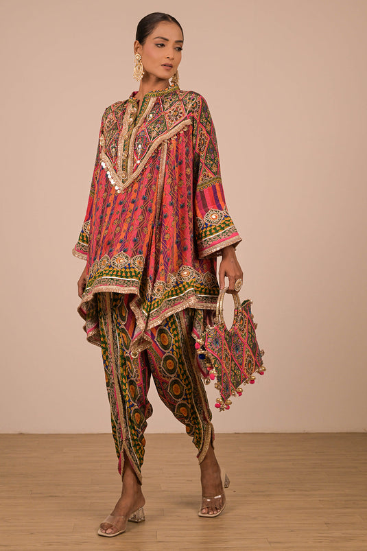 Magenta Crepe Suit with Tulip Pants and Festive Canvas Tote Bag