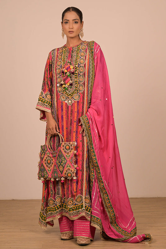 Magenta Embroidered Crepe A-Line Suit Set with Dupatta & Canvas Tote Bag