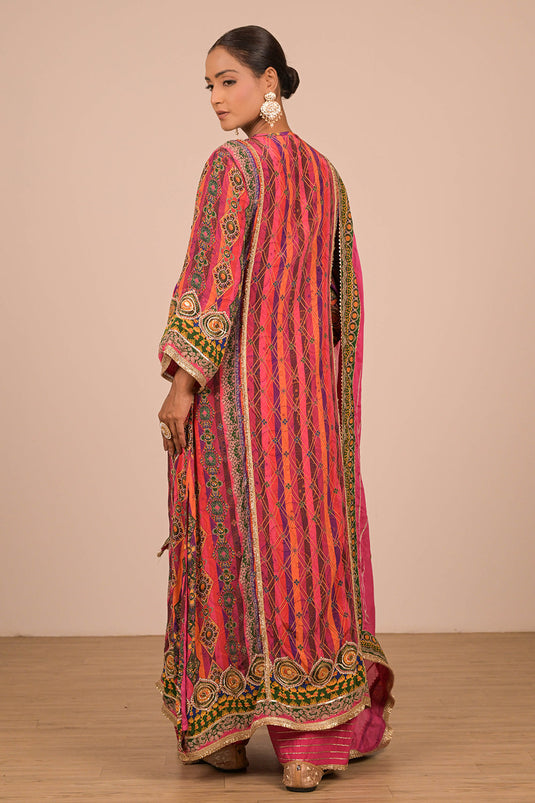 Magenta Embroidered Crepe A-Line Suit Set with Dupatta & Canvas Tote Bag