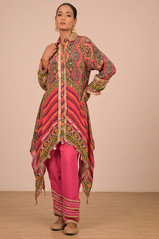 Magenta High-Low Kurta Set In Crepe Fabric with Canvas Tote Bag