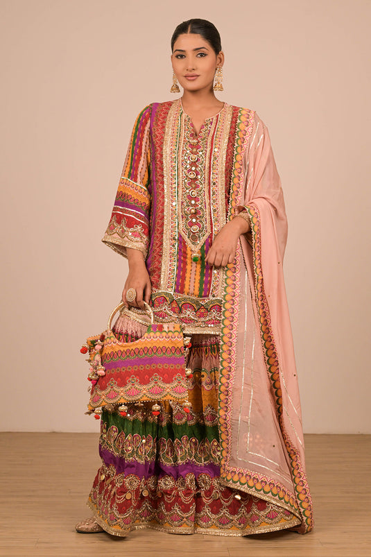Multicolor Crepe Sharara Set with Canvas Tote Bag with Vibrant Print Motifs