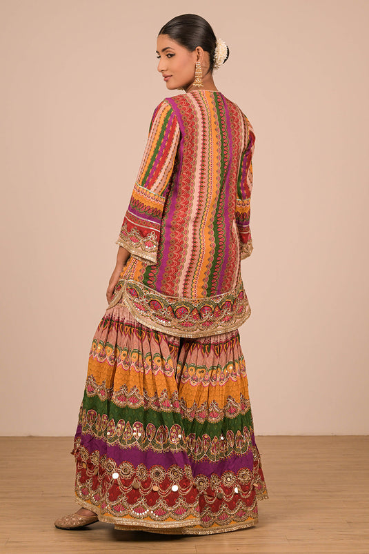 Multicolor Crepe Sharara Set with Canvas Tote Bag with Vibrant Print Motifs