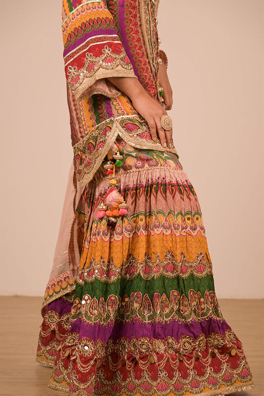 Multicolor Crepe Sharara Set with Canvas Tote Bag with Vibrant Print Motifs