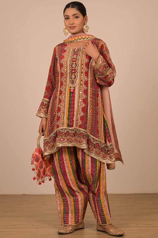 Multicolor Crepe Suit Set with Farsi Salwar with Canvas Tote Bag